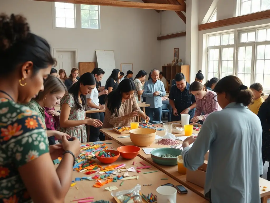 A vibrant photograph capturing attendees actively participating in a cultural exchange workshop at 118 BIS ASTRONEF, showcasing diverse participants engaged in hands-on activities and discussions.